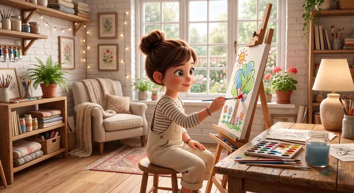 A girl painting a tree at her easel by a sunny window