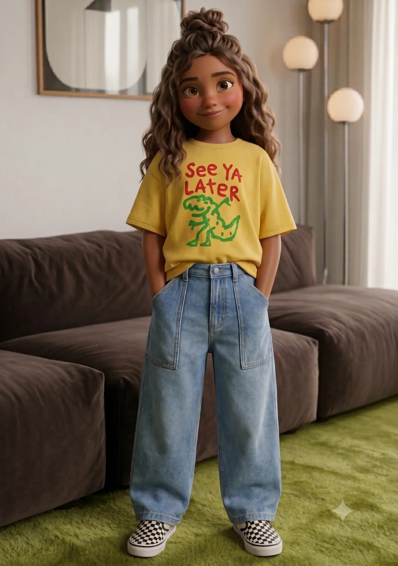 Game card: a girl in a yellow dinosaur tee standing in a living room