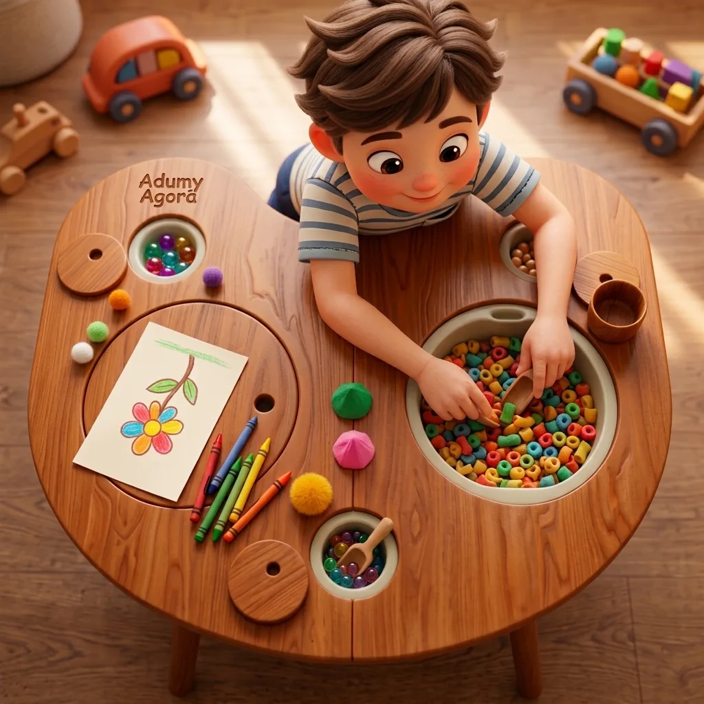 A boy scooping colorful beads at a wooden sensory table