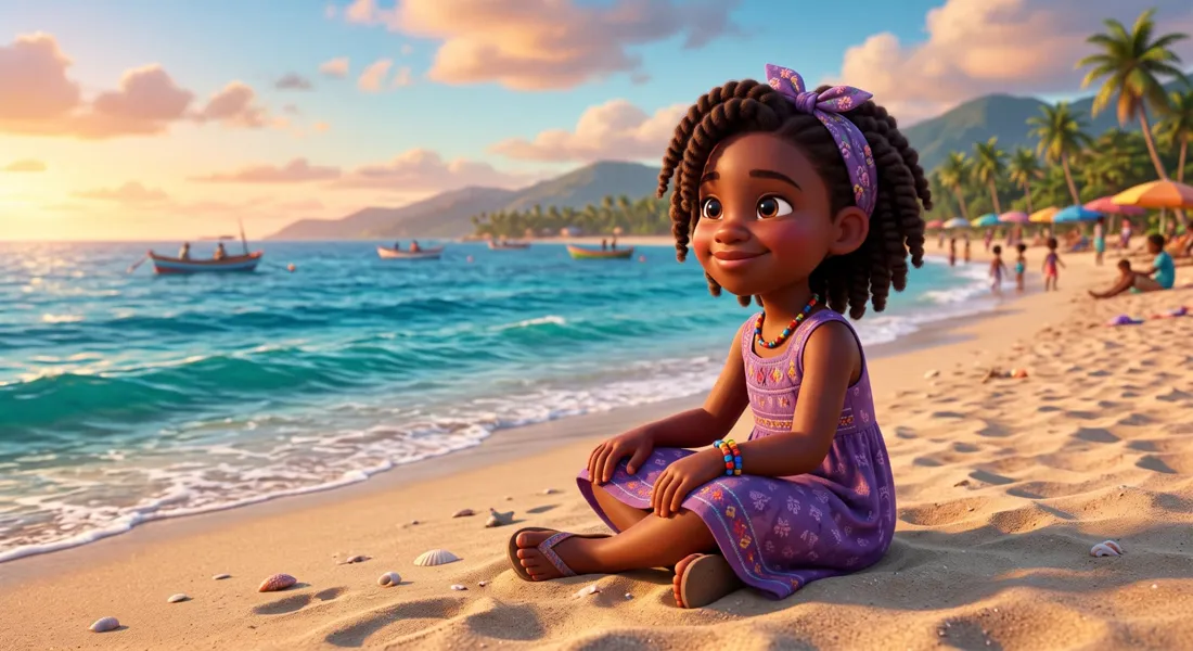 A girl sitting on a sunny Caribbean beach