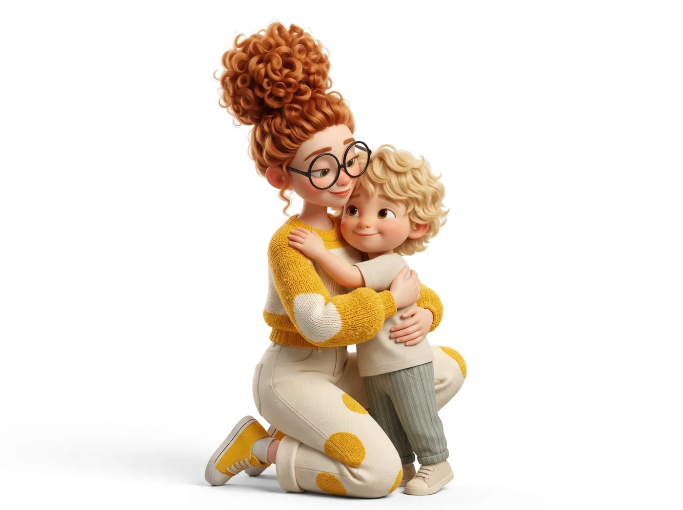 A mother with curly red hair and round glasses kneeling to hug her smiling young child