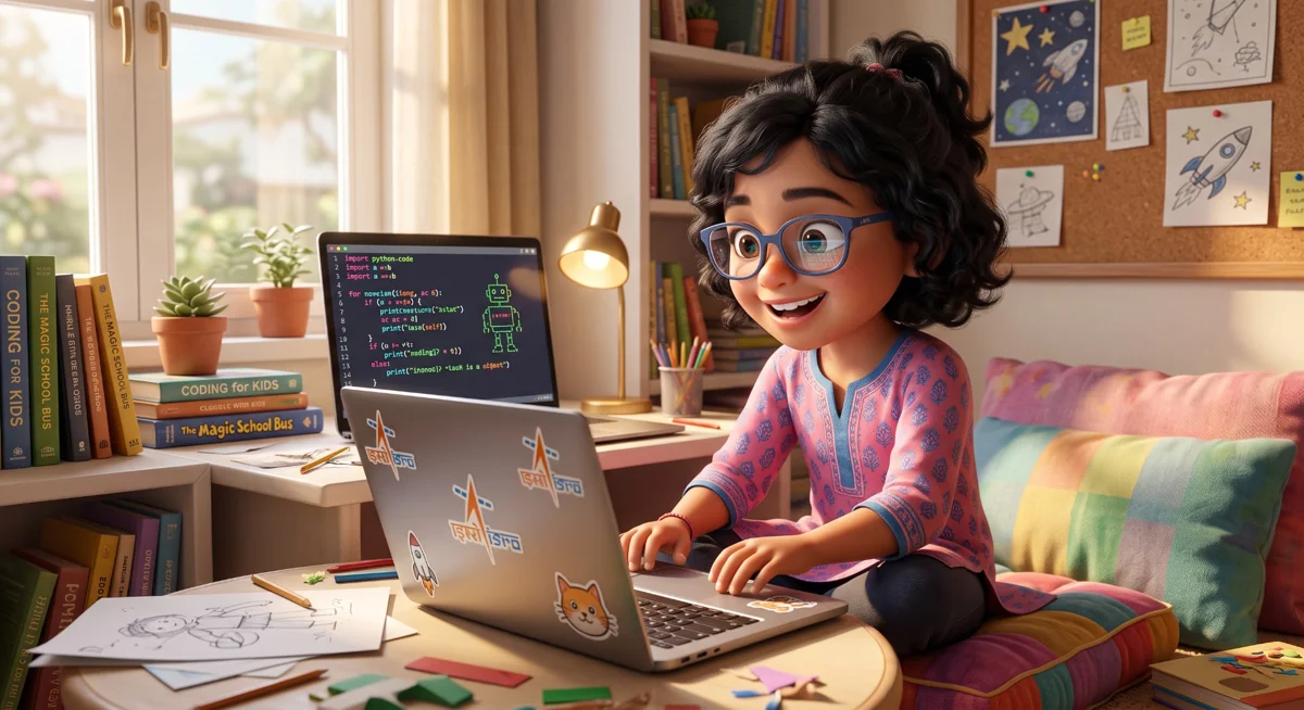 A girl in glasses smiling as she codes on a sticker-covered laptop in a sunny, book-filled room