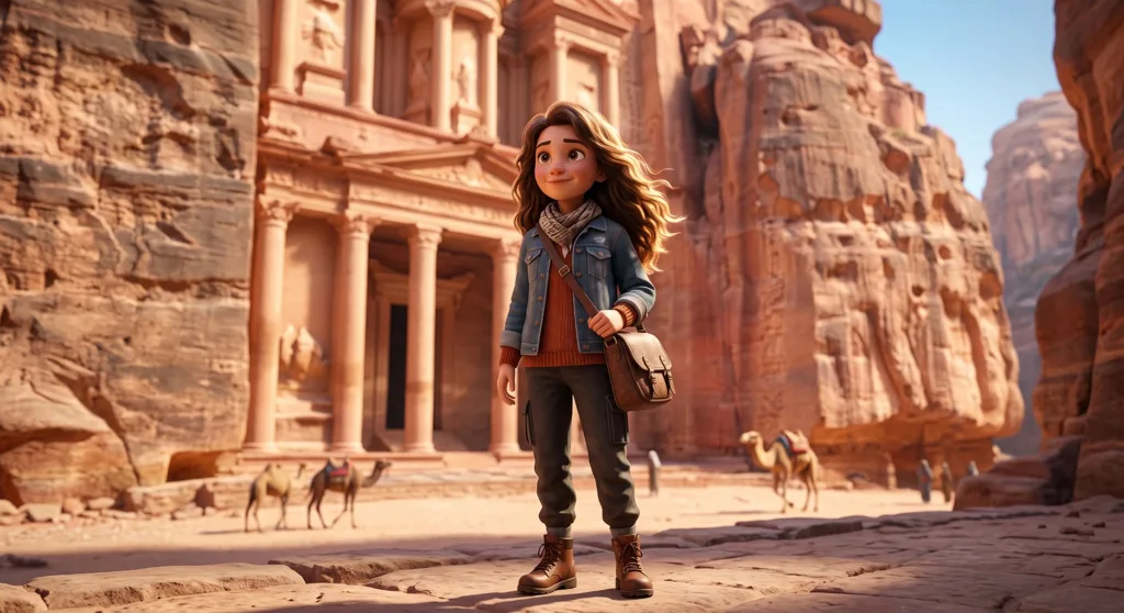 A girl with a satchel standing in front of the Treasury at Petra