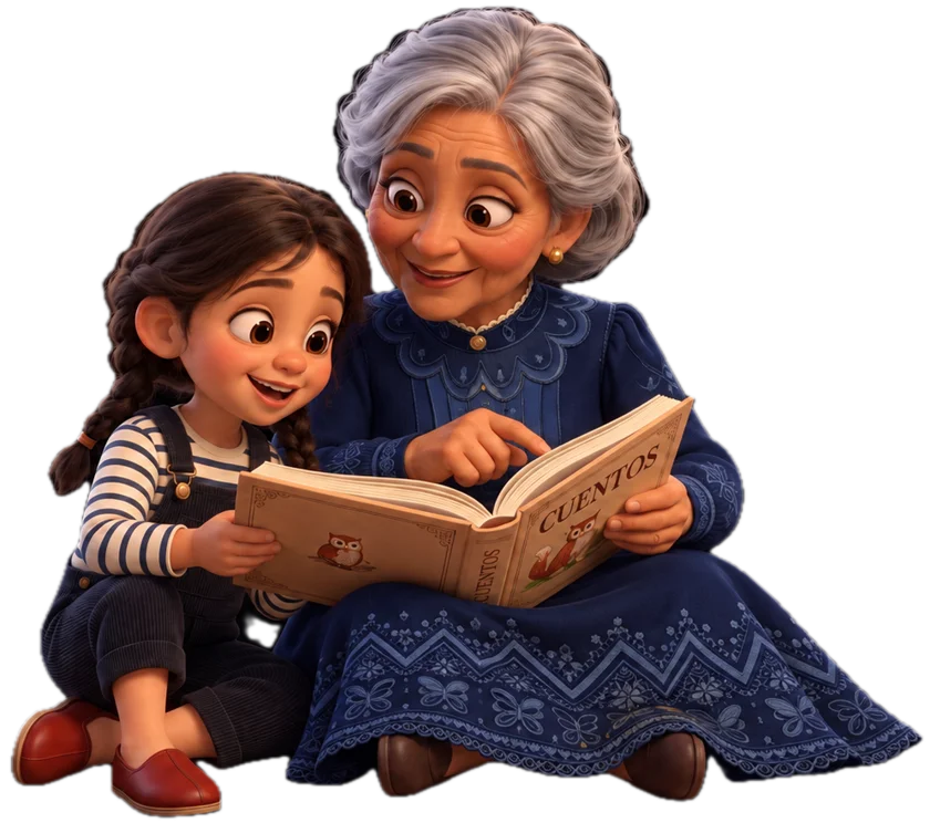 A grandmother and child reading a Spanish storybook together