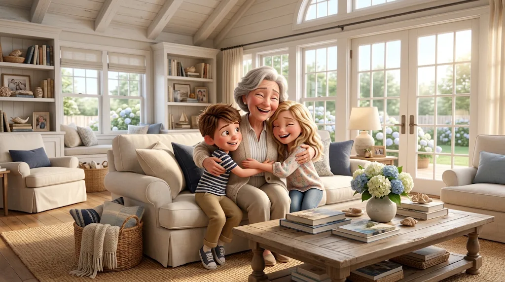 An illustrated grandmother laughing as her grandson and granddaughter hug her on a sofa in a sunny living room