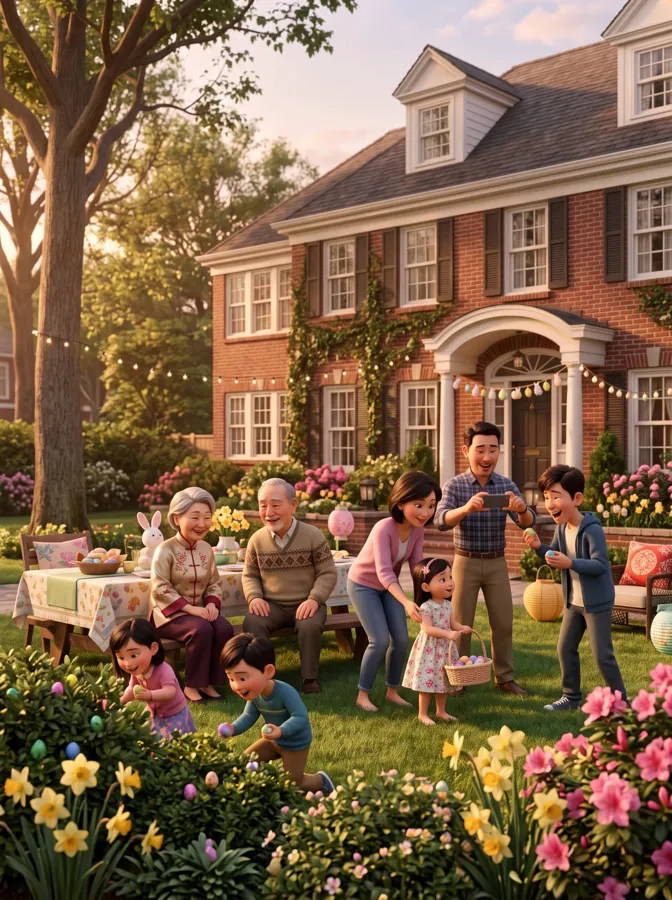 A family egg hunt in a spring garden with grandparents watching