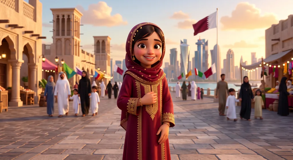 A girl in a red embroidered dress on a waterfront promenade with the city skyline behind