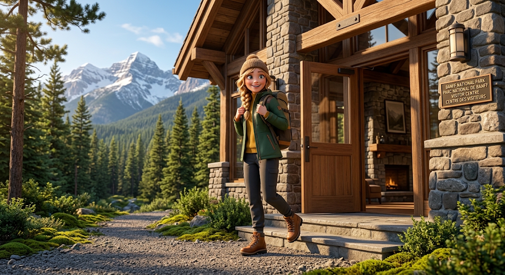 A girl in hiking boots walking out of a mountain park visitor centre