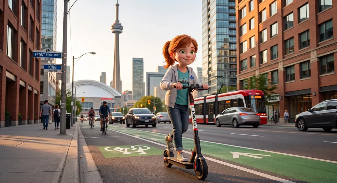 A girl riding a scooter in downtown Toronto
