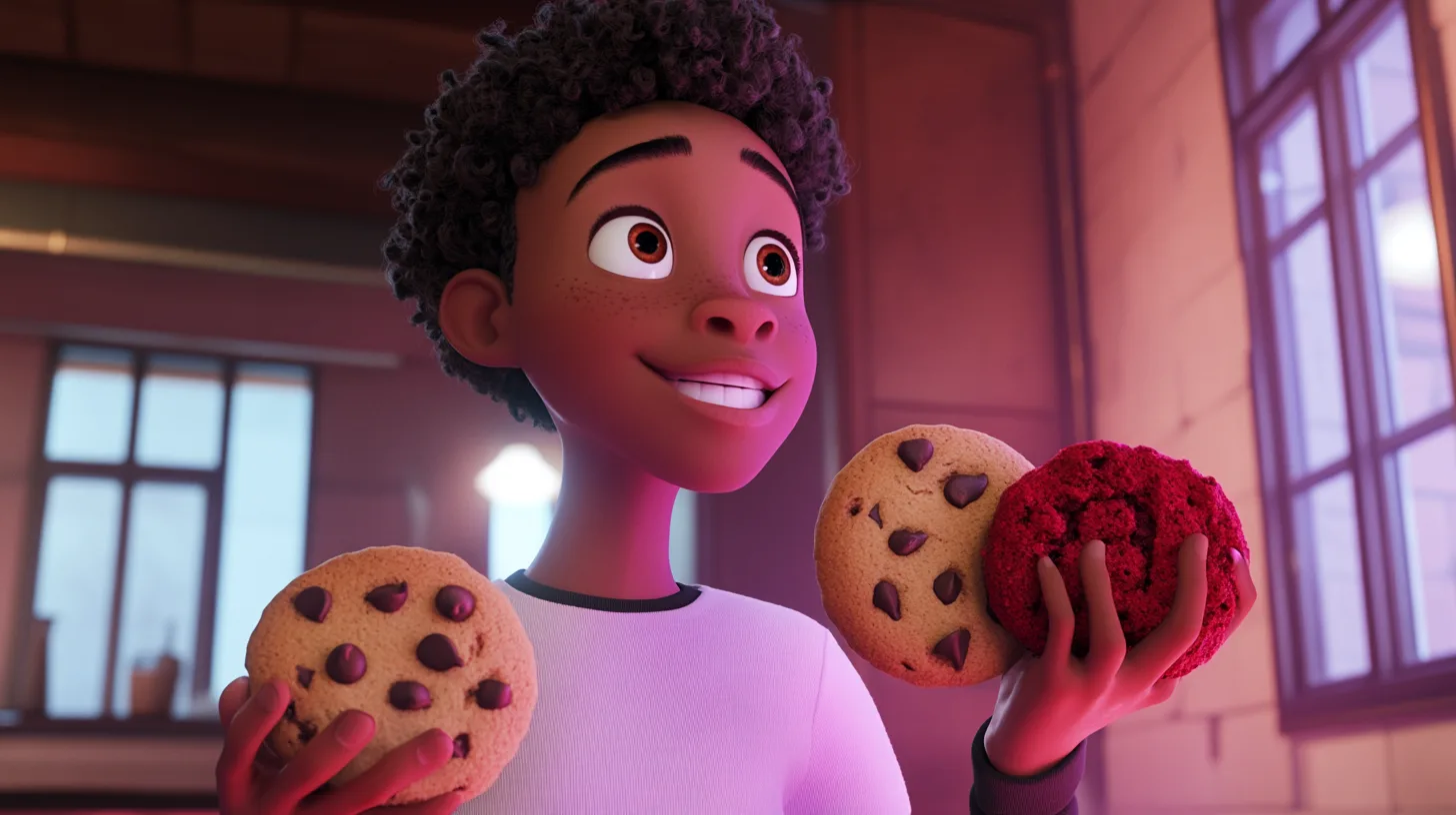 A smiling child holding up two chocolate chip cookies and a red velvet cookie to compare them