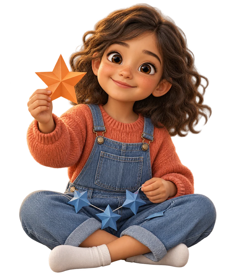 An illustrated girl holding a folded paper star with a paper-star garland on her lap