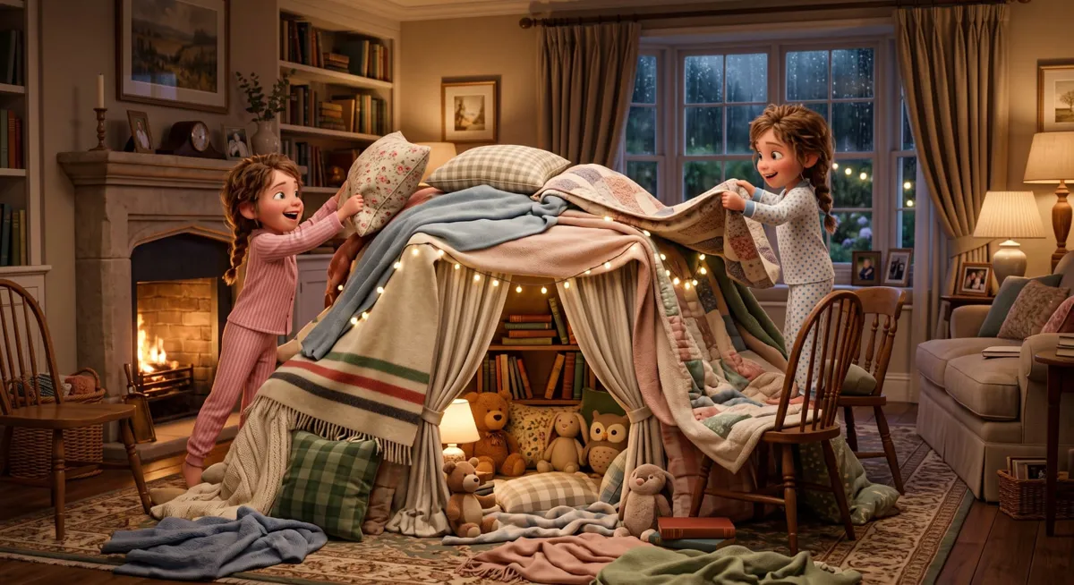 Two sisters building a blanket fort with fairy lights