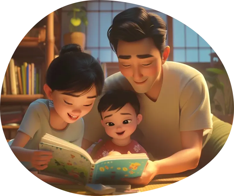 Family reading together, parents and child enjoying a storybook