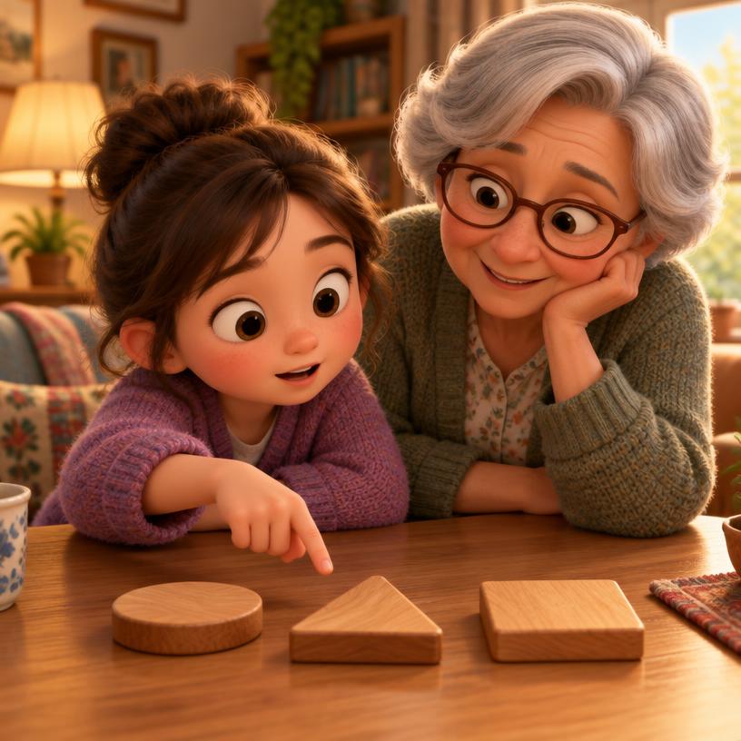 Ask: a girl and her grandmother exploring wooden puzzle shapes