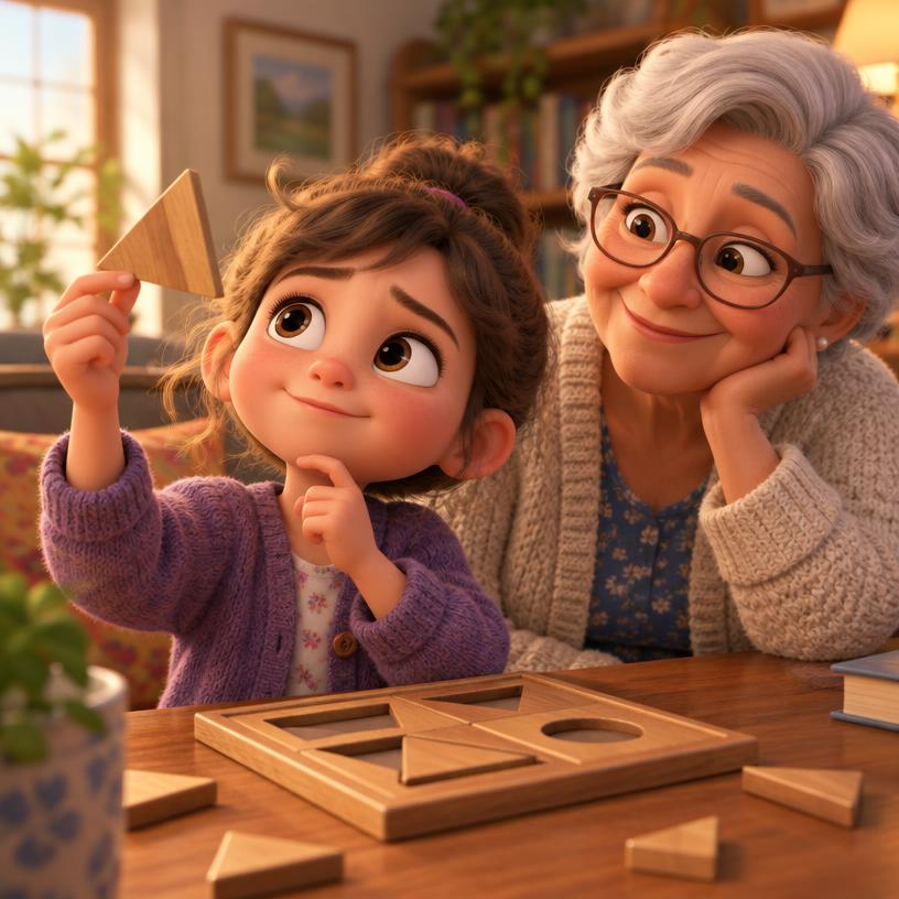 Predict: a girl and her grandmother exploring wooden puzzle shapes