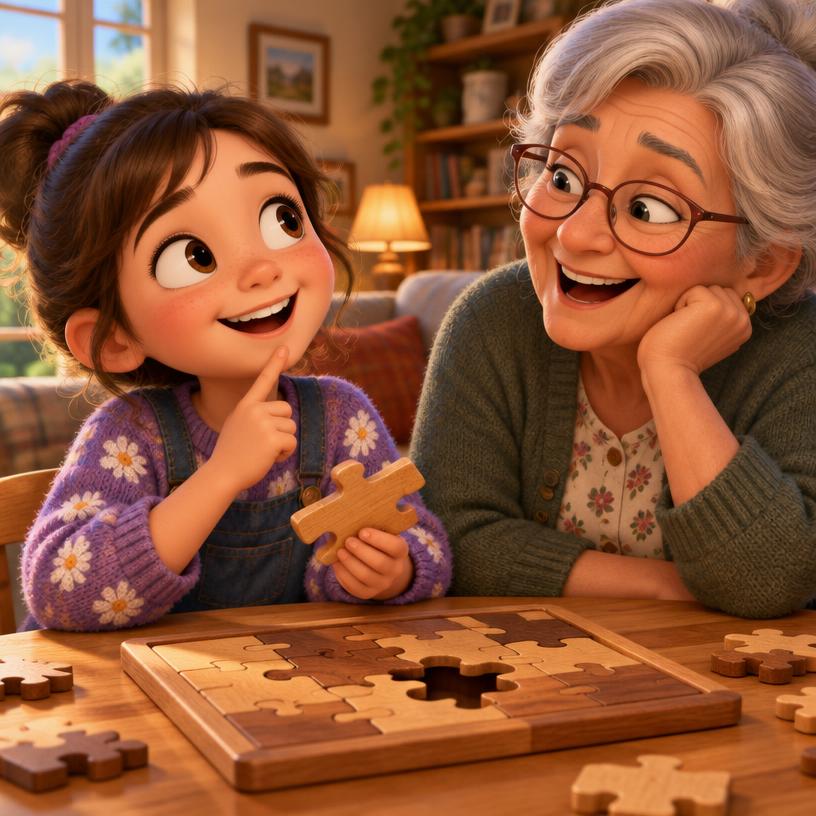 Rethink: a girl and her grandmother exploring wooden puzzle shapes