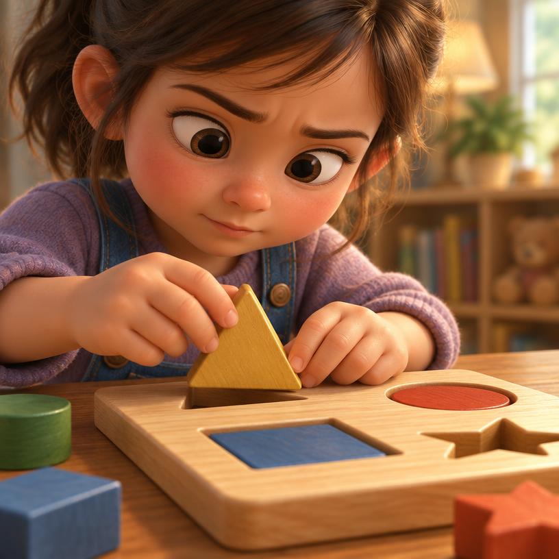 Try: a girl and her grandmother exploring wooden puzzle shapes