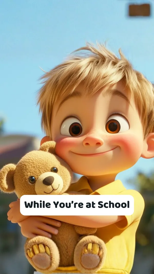 A Pixar-style animated boy hugging a teddy bear with text: While you're at school, Nathan, I'll be thinking of you