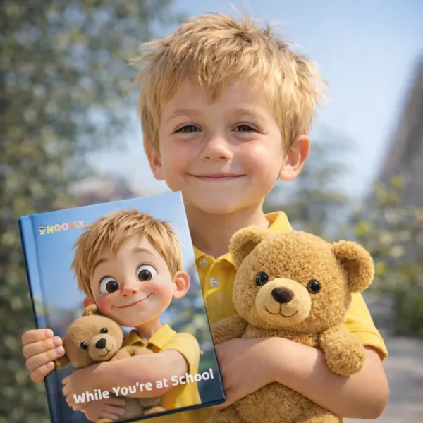 A happy boy holding his Nookly storybook and teddy bear