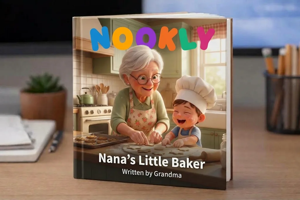 Nookly hardcover storybook titled Nana’s Little Baker, showing a grandma and grandson baking