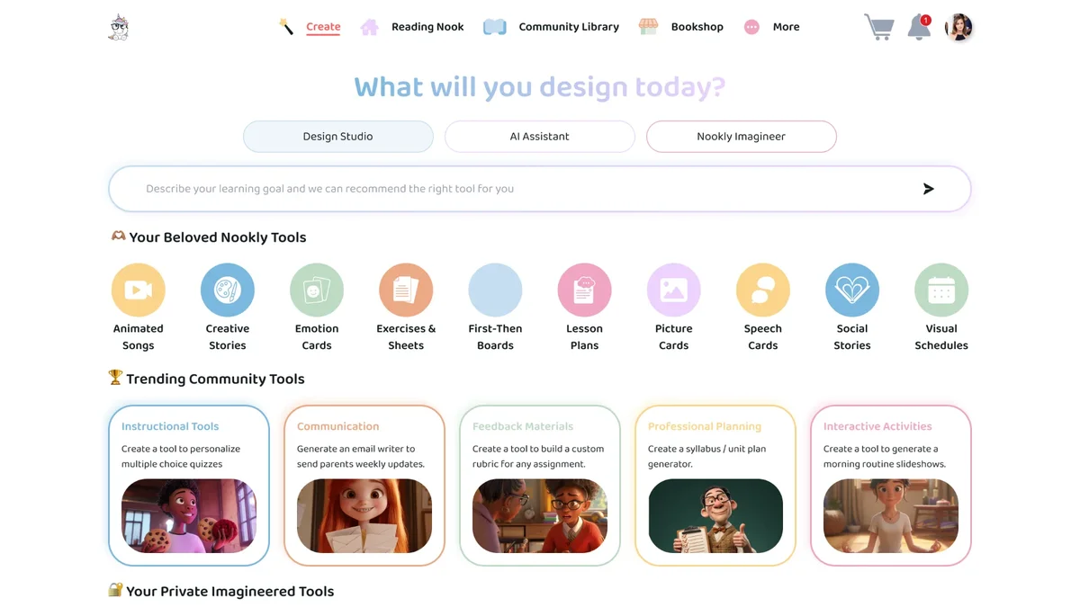 Nookly platform interface showing design studio, AI assistant, and trending community tools