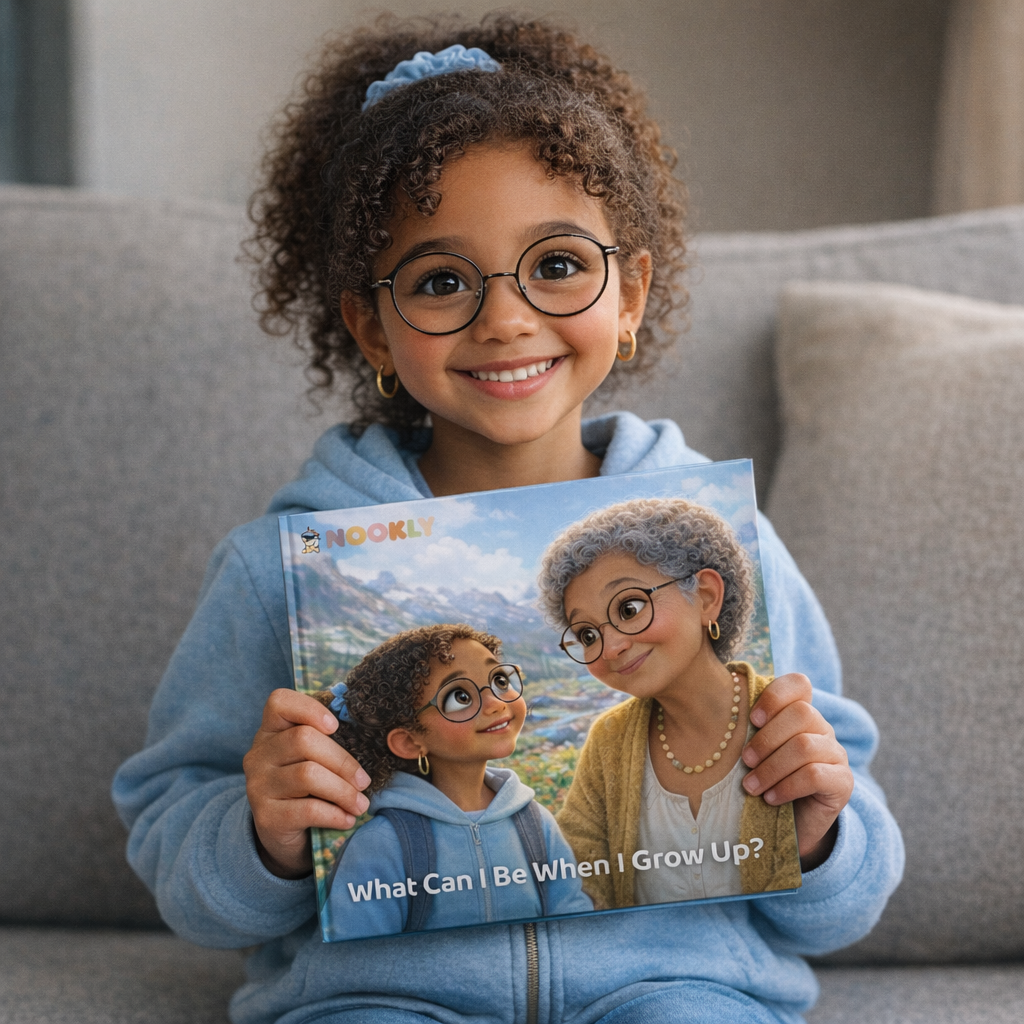 A child holding a printed personalized hardcover book