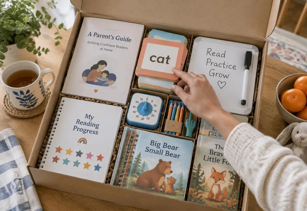 An open reading kit box with a parent guide, word flashcards, a progress notebook, a timer, a whiteboard and picture books