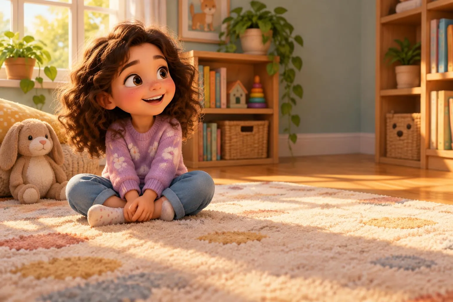 A smiling girl sitting on a rug in a sunny playroom