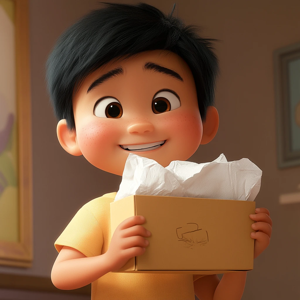 Boy finding comfort with a tissue box story