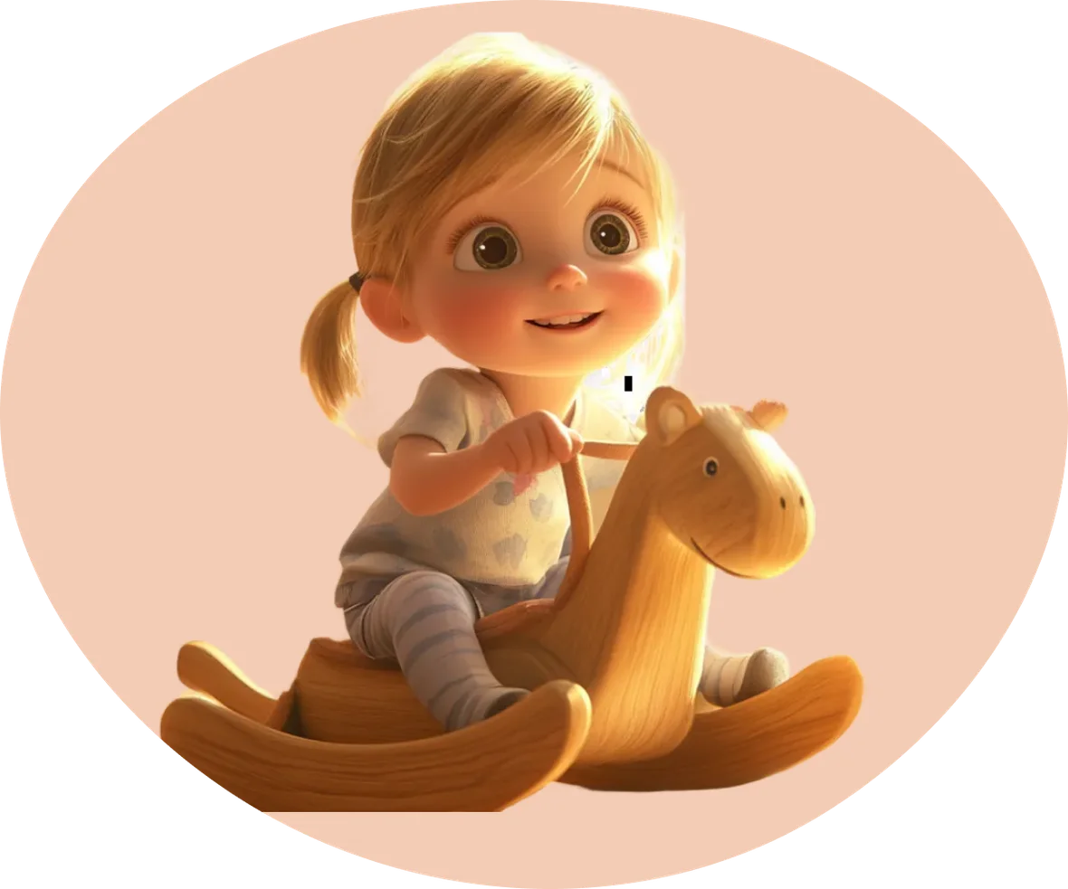 Child playing with rocking horse toy, representing joyful learning